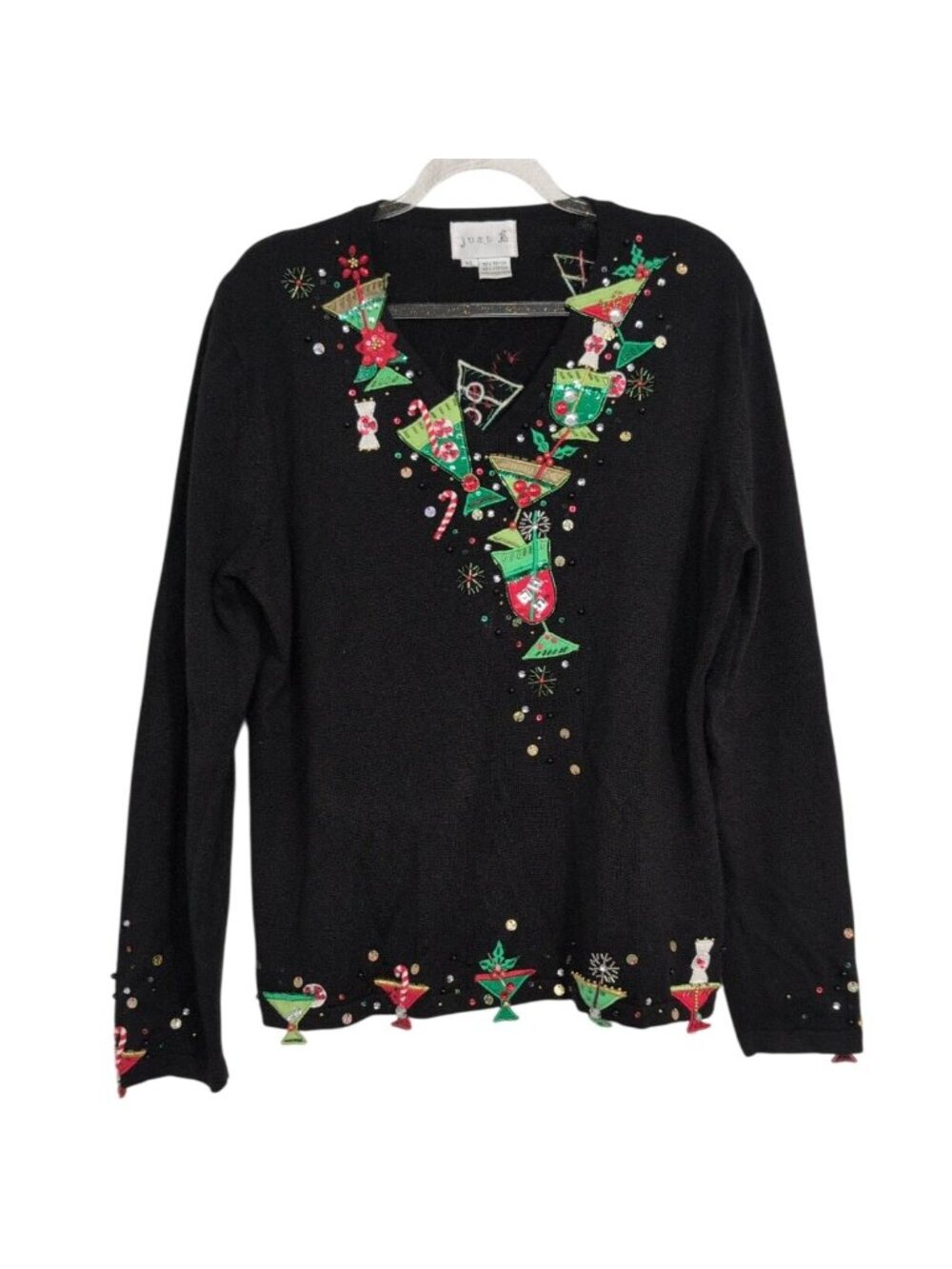 Just B Christmas Martini Sweater Womens Size XL Black Embellished Holiday
